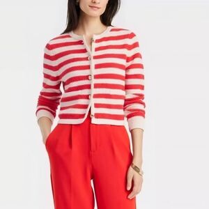 A New Day Red Cream Striped Lady Jacket Coastal Mariner Knit Cardigan.